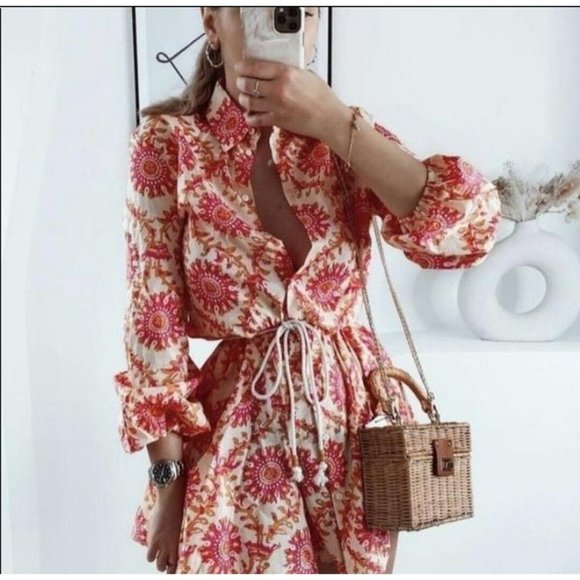 Zara Dresses Zara Mini Printed Shirt Dress Rope Belt Pink Floral